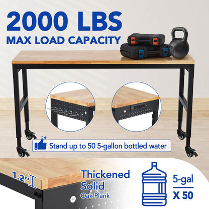 ExploreHorizon Workbench Adjustable 75' x 25', 29.5"-38.4" Heights Garage Worktable with Universal Wheels Power Outlet, Heavy-Duty Table for Workshop Office Home Commercial, 2000 Lbs Load Capacity