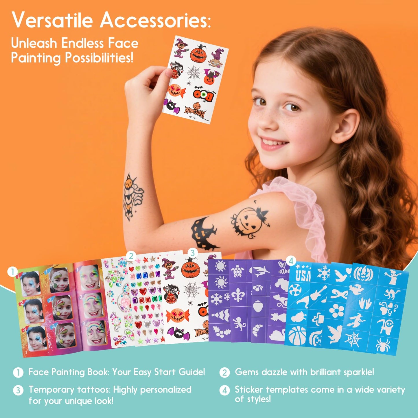 67-Piece Deluxe Face Painting brushes and Stencils Kit - Safe Non-Toxic Tools with Brushes, Sponges, Reusable Stencils, Stickers, Book & More, Perfect for Carnival, Halloween & Parties