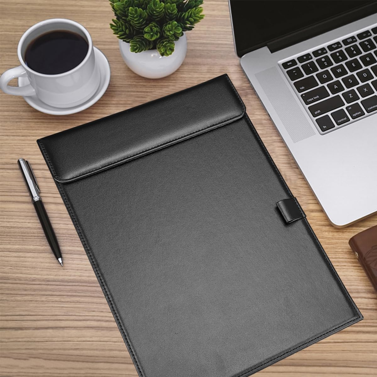 KINGFOM PU Leather Hardboard Office Clipboard, Magnetic Clip A4 Letter Size Clip Boards with Pen Holder for Nurses, Students, Teacher Black