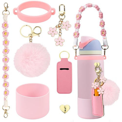 Compatible for Owala Accessories Bundle: Silicone Boot for 24oz & 32oz Bottles, Charms, Handle, Strap, Rubber Bottoms, and Decorative Add-ons for Your Compatible for Owala Water Bottle, Pink