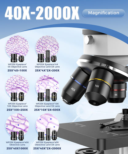 PalliPartners Compound Microscope for Adults & Kids - 100X-2000X High-Power Biological Microscope for Students, School Lab & Home Education, with Slides Set & Phone Adapter (White)