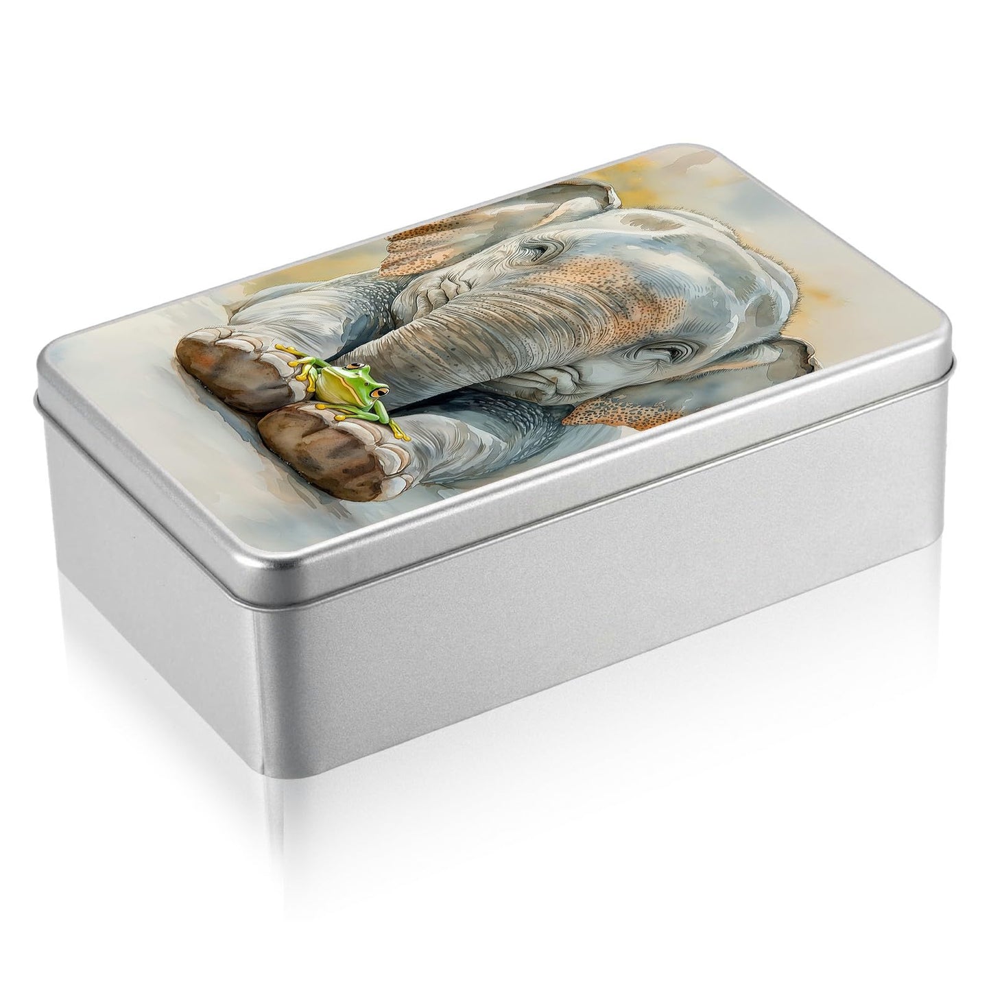 JNFBWULO Metal Tin Box with Lid, Rectangular Silver Metal Storage Container, 7.09"×4.33"×2.17" Gift Decorative Empty Box, Elephant Frog