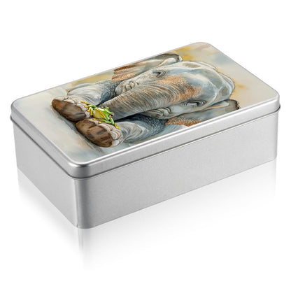 JNFBWULO Metal Tin Box with Lid, Rectangular Silver Metal Storage Container, 7.09"×4.33"×2.17" Gift Decorative Empty Box, Elephant Frog