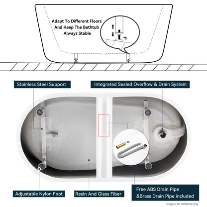 FerdY Lana'i 60" Freestanding Bathtub, Gracefully Shaped Freestanding Soaking tub, Glossy White, cUPC Certified, Brushed Nickel Drain Assembly