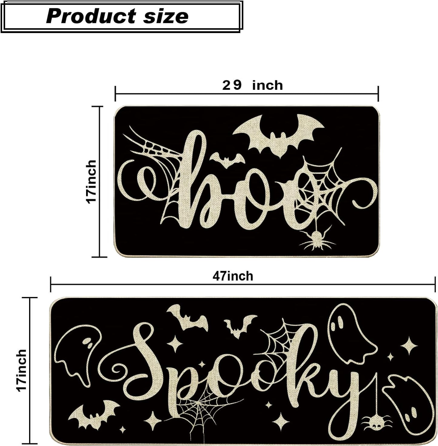 Baccessor Halloween Black Kitchen Rugs Set of 2, Spooky Ghost Low-Profile Non Slip Absorbent Kitchen Floor Mats 17x29