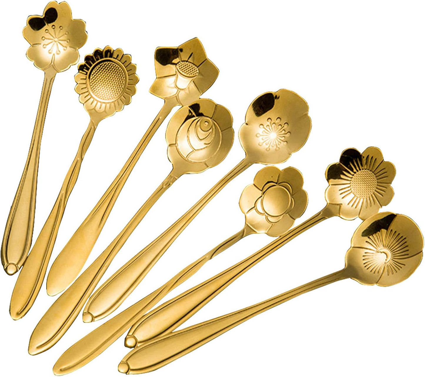 Stainless Steel Creative Flower Coffee Spoon Set - Sugar Spoon, Stirring Spoon, Ice Tea Spoon, Gold, Set of 8