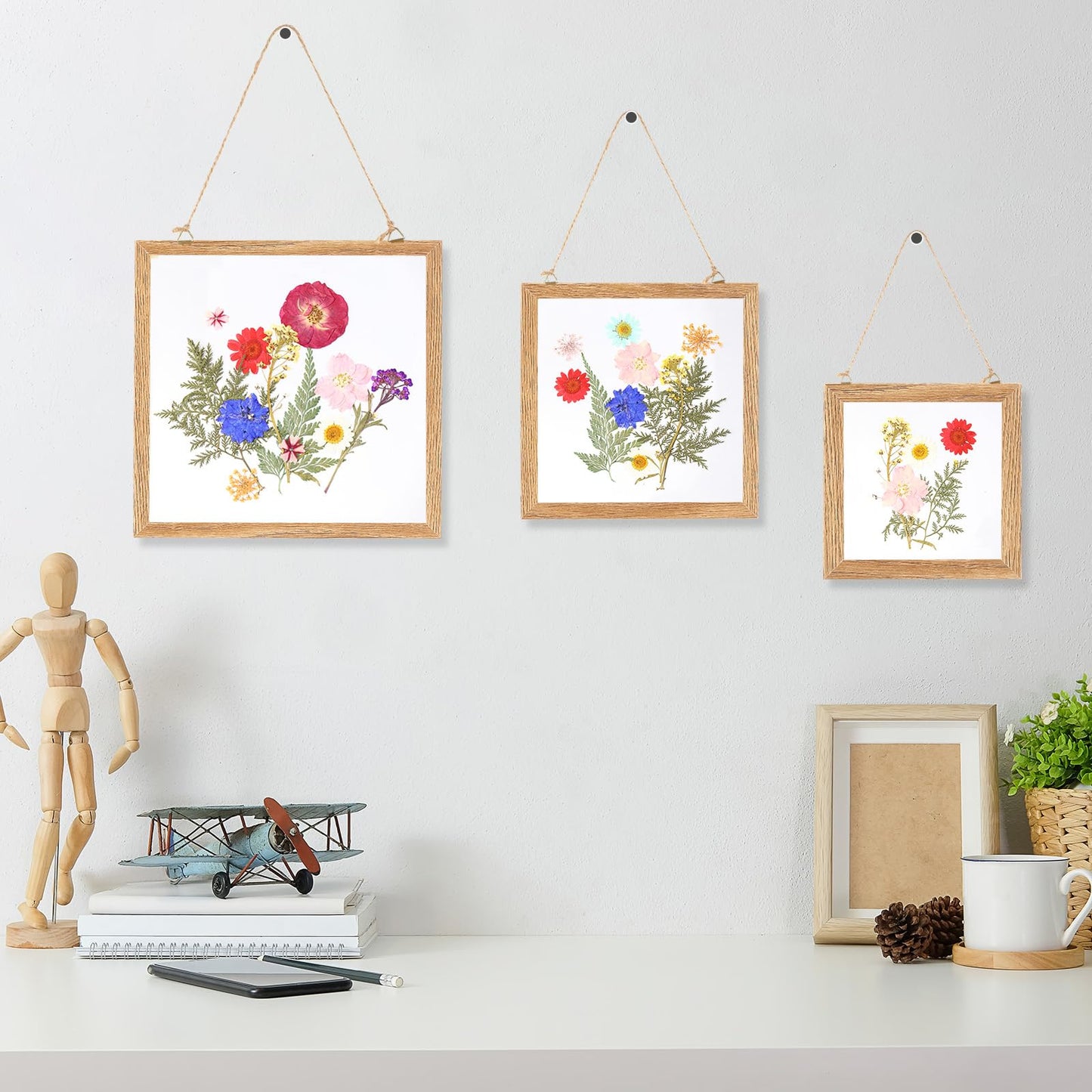 Vicenpal 3 Pack Wooden Dried Flower Picture Frame with 40pcs Pressed Flowers DIY Craft for Wall and Tabletop Display, Natural Gift for Family Friend Wedding