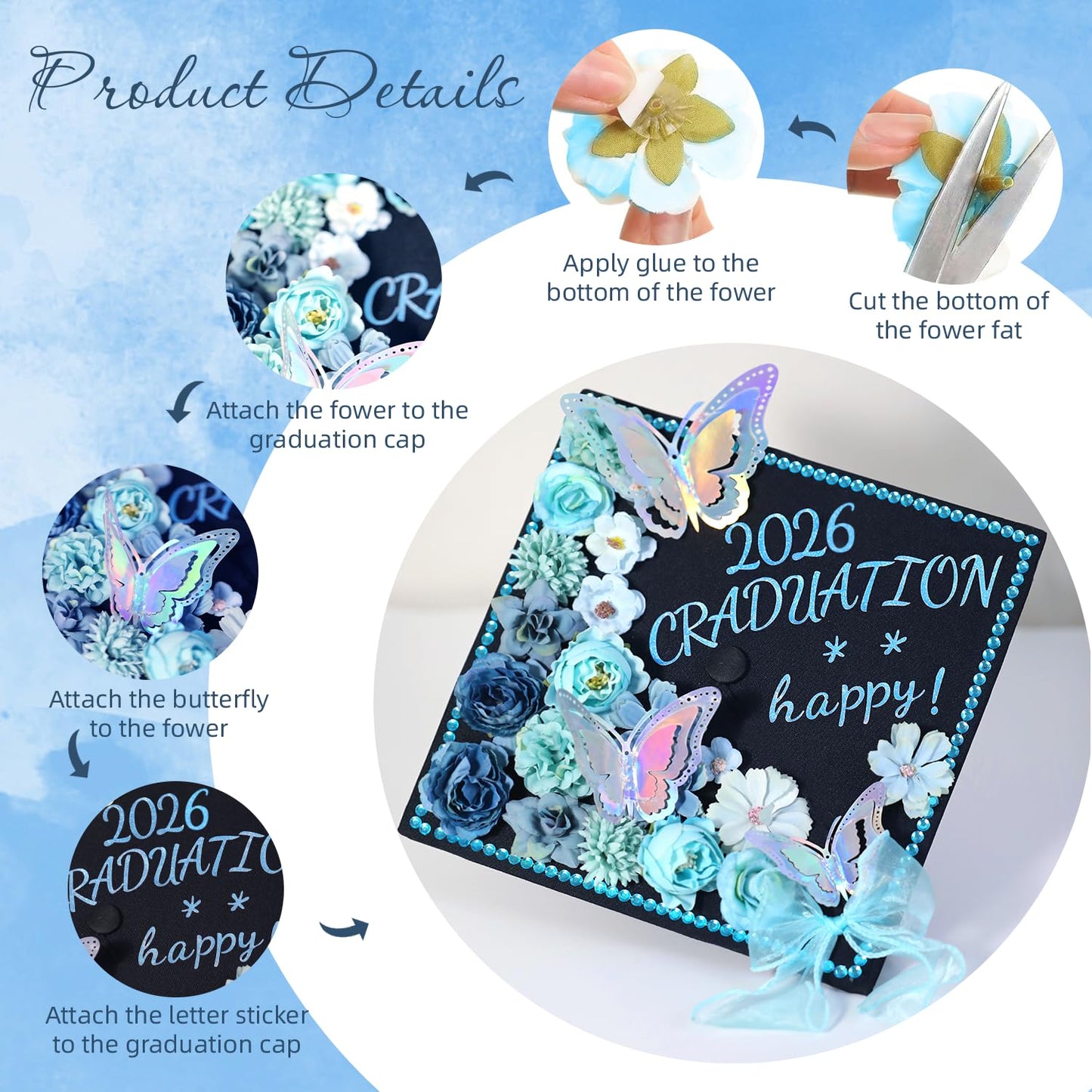 39Pcs Graduation Cap Decorations Kit Blue Artificial Flowers 3D Butterfly Stickers Blue Satin Bow Glitter Rhinestones Alphabet Letter Number Stickers for 2026 Graduation Party Supplies