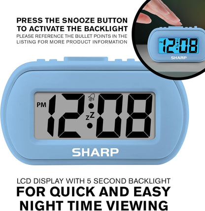 Sharp Digital Alarm Clock, Tactile Case with Soft Rubberized Finish, Battery Operated, Blue Backlight on Demand,