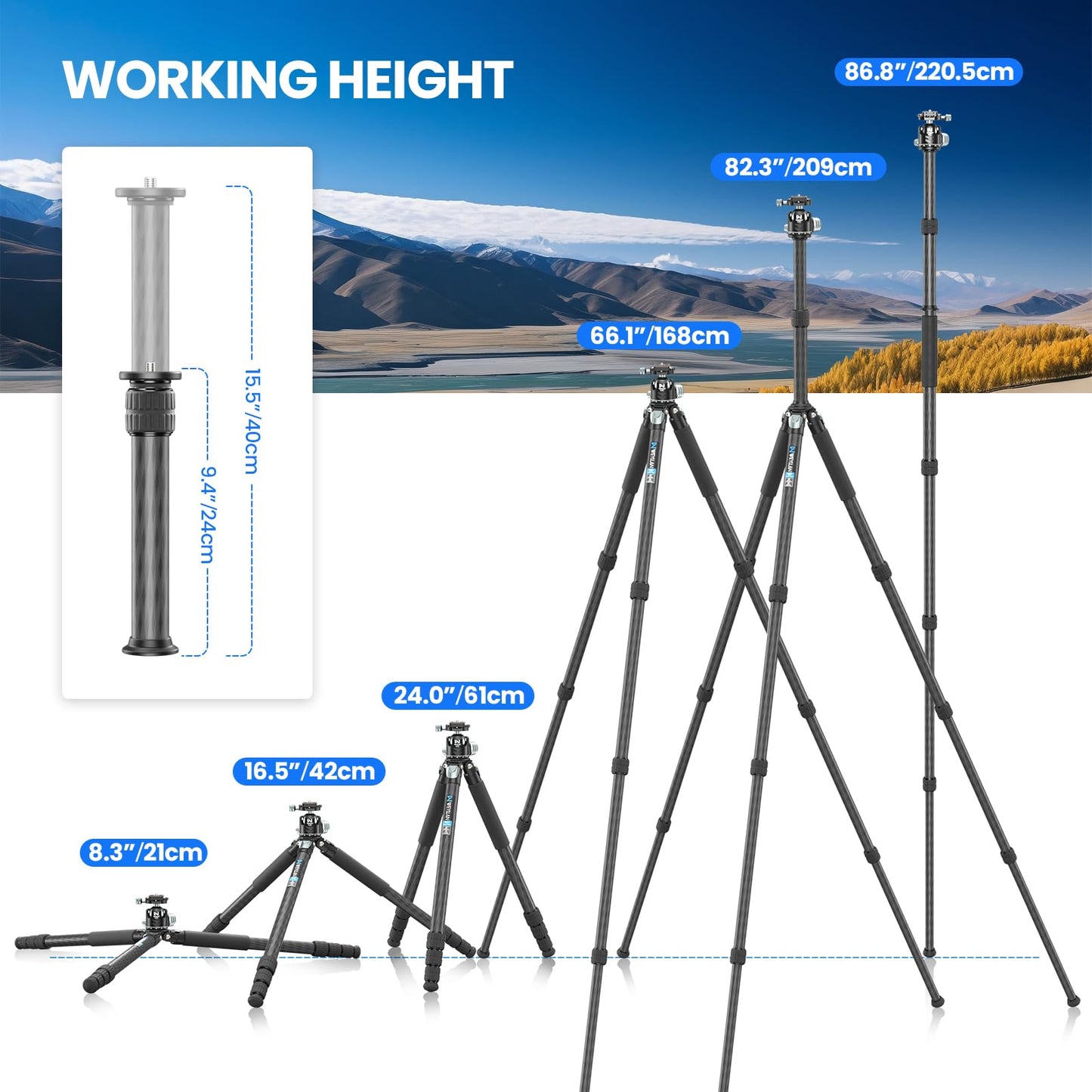 81'' Carbon Fiber Tripod for Camera WEYLLAN Heavy Duty Tripod Camera, 10-Layer Carbon Fiber Tube, 32.5mm Professional Tripod Leg with DSLR Ball Head for Camcorder Telephoto Lens, Max Load 20kg