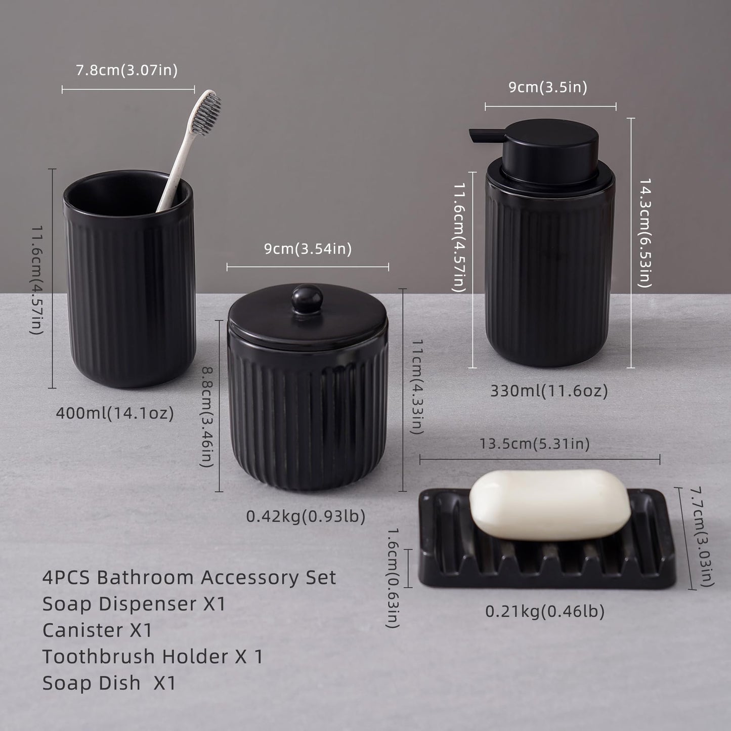Agyiuns Ceramic Bathroom Accessories Set,Lotion Soap Dispenser and Toothbrush Holder Set, Soap Dish, Apothecary Jars,Rustic Farmhouse Decor, Bathroom Home Decor (Black Set, Liquid)