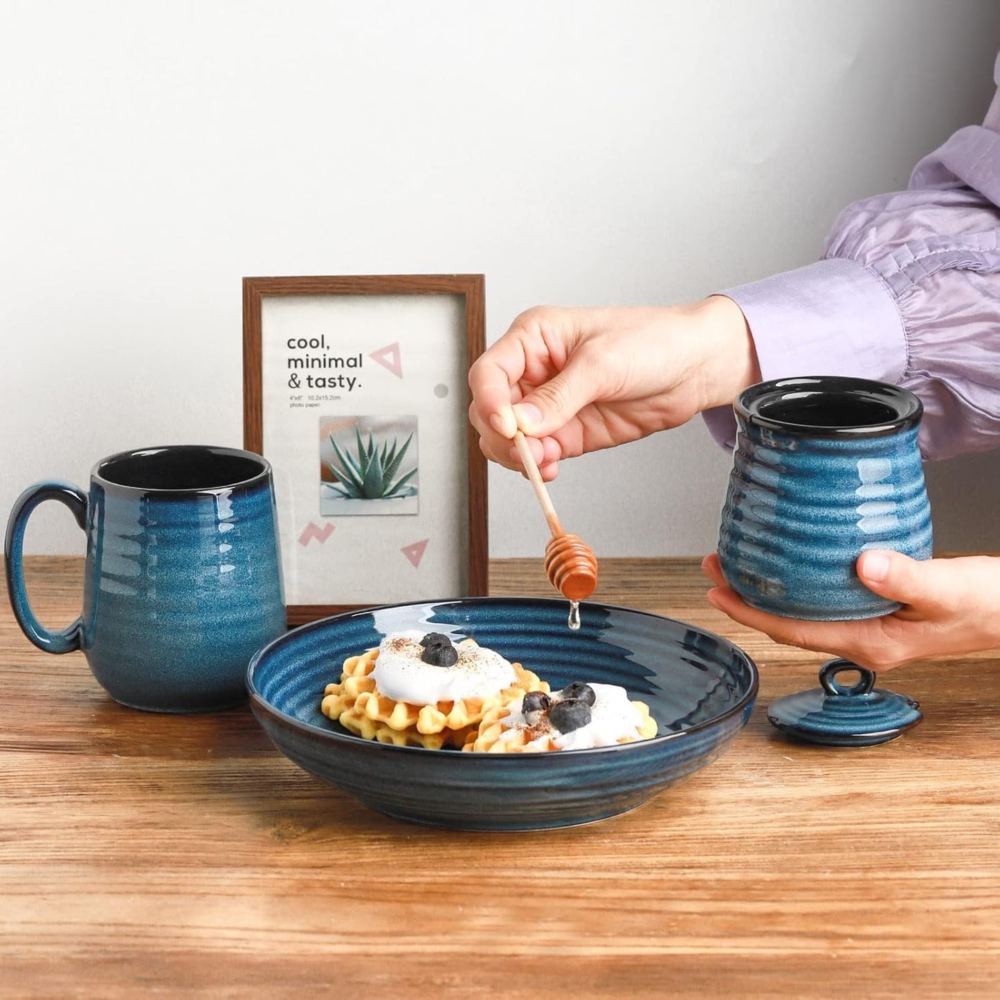 12 Set,Porcelain Ceramic Ounce Honey Jar and Dipper Honey Pot with Lid and Wooden Dipper,Cute Honey Containers