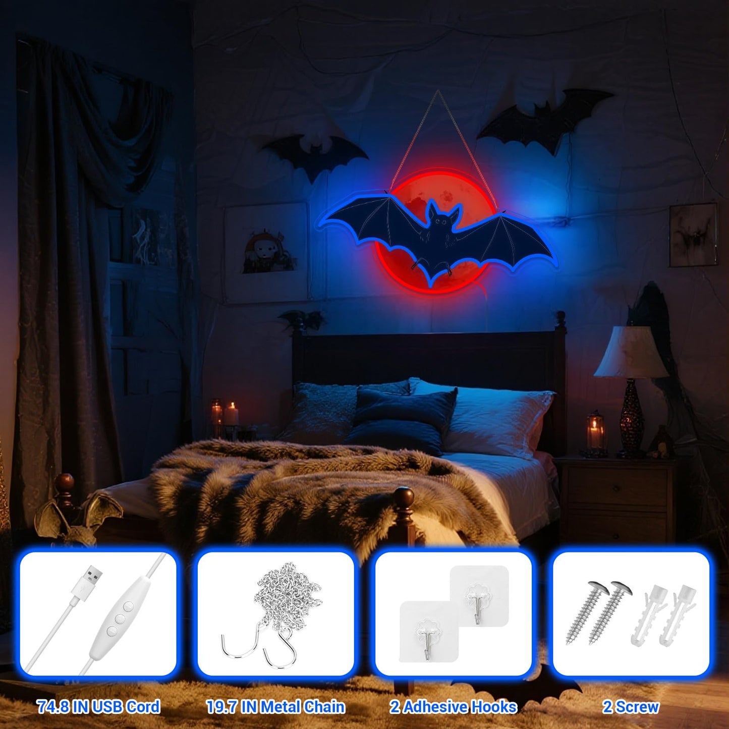 ADKALIV Bat Moon Halloween Window Lights Neon Signs for Indoor Wall Decor, Halloween LED Neon Light Decoration Sign for Party Doors Window (Moon Bat)