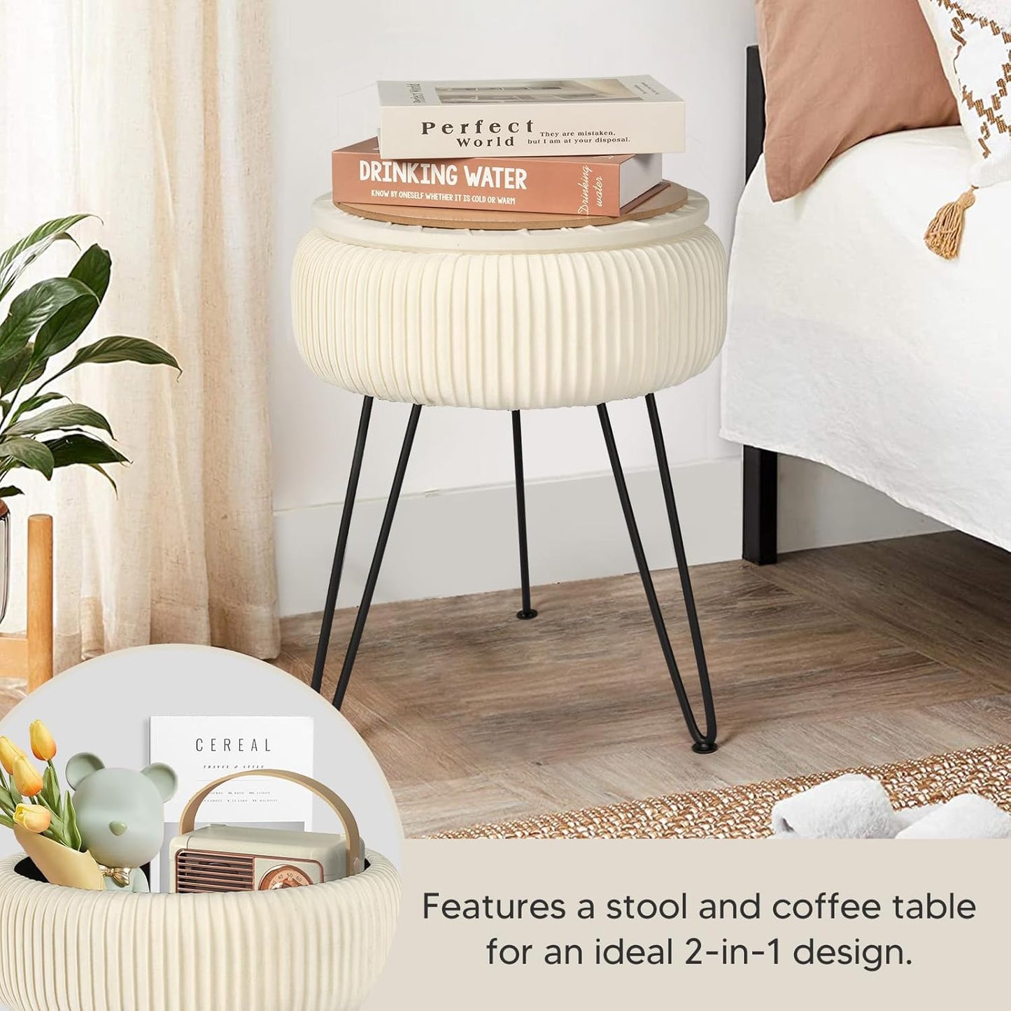 Velvet Vanity Stool with Storage, Round Ottoman Vanity Chairs with Anti-Slip Feet, Dressing Table Seat Foot Stool