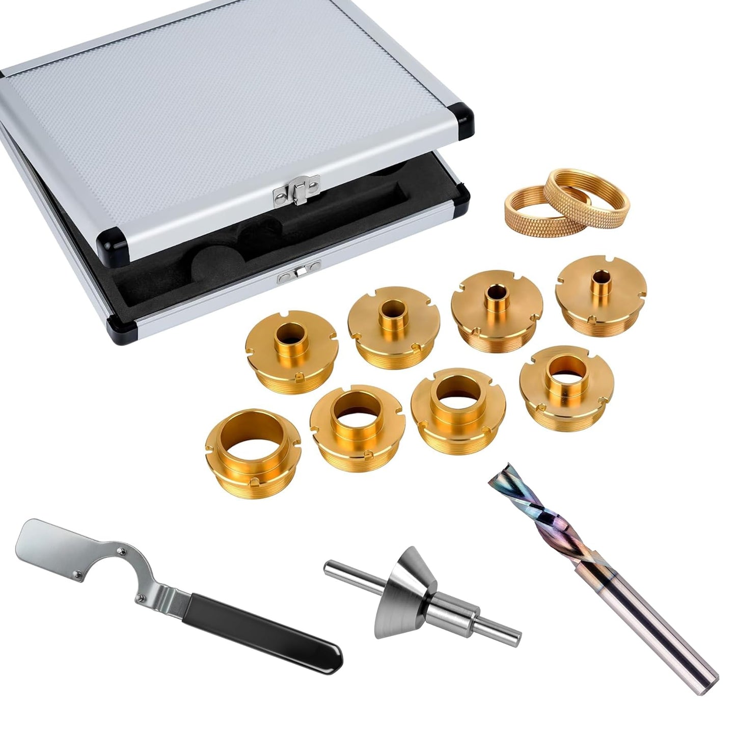 1/4 Inch Shank Downcut Spiral Router Bit and 13-Piece Brass Router Template Bushing Guide Set - Locking Wrench, Centering Pin & Aluminum Case