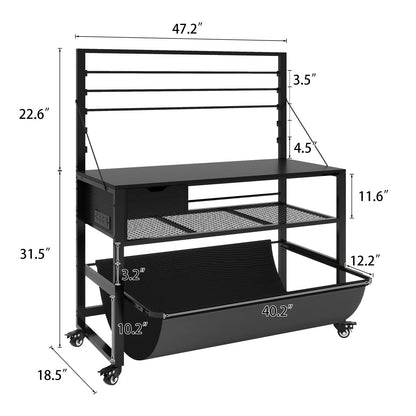 Natwind Wide Format Printer Stand, Plotter Workbench Table with Pull-Out Drafting Storage, Roll Paper Holder, Accessory Drawer, Adjustable Storage Shelf for Plotters and Cutting Machines (Black)