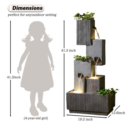 GardesT Outdoor Waterfall Fountain with LED Lights – 41.3" Tiered Resin Garden Fountain for Patio, Yard, or Backyard – Weather-Resistant Design Modern Decor