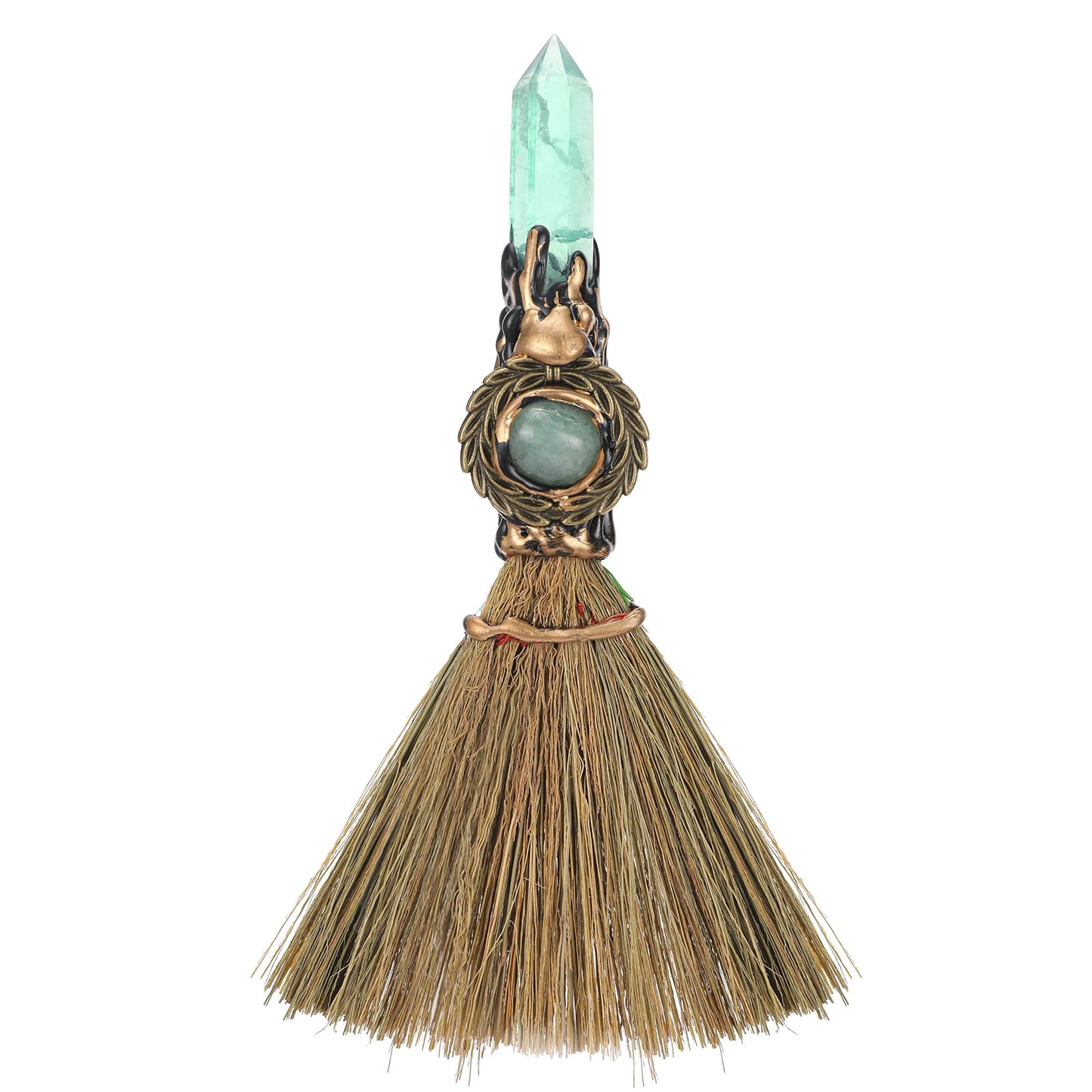 RENEMEGO Witch Broom Green Crystal - Witch Wiccan Altar Broom Witchcraft Witches Pagan Altar Decor Natural Reiki Energy Wand Stone Ritual Magic Ceremonial for Meditation Therapy Halloween Decorations