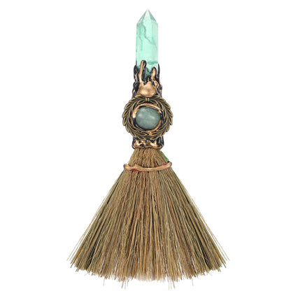 RENEMEGO Witch Broom Green Crystal - Witch Wiccan Altar Broom Witchcraft Witches Pagan Altar Decor Natural Reiki Energy Wand Stone Ritual Magic Ceremonial for Meditation Therapy Halloween Decorations