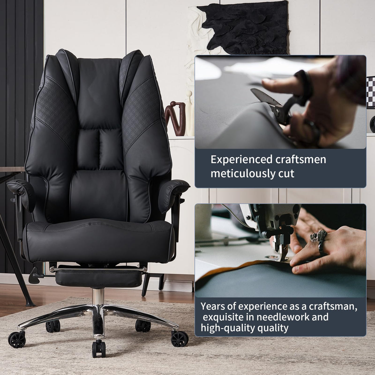 EXCEBET Big and Tall Office Chair 400lbs Wide Seat, Leather High Back Executive Office Chair with Foot Rest, Ergonomic Chairs Lumbar Support for Lower Back Pain Relief (Black)
