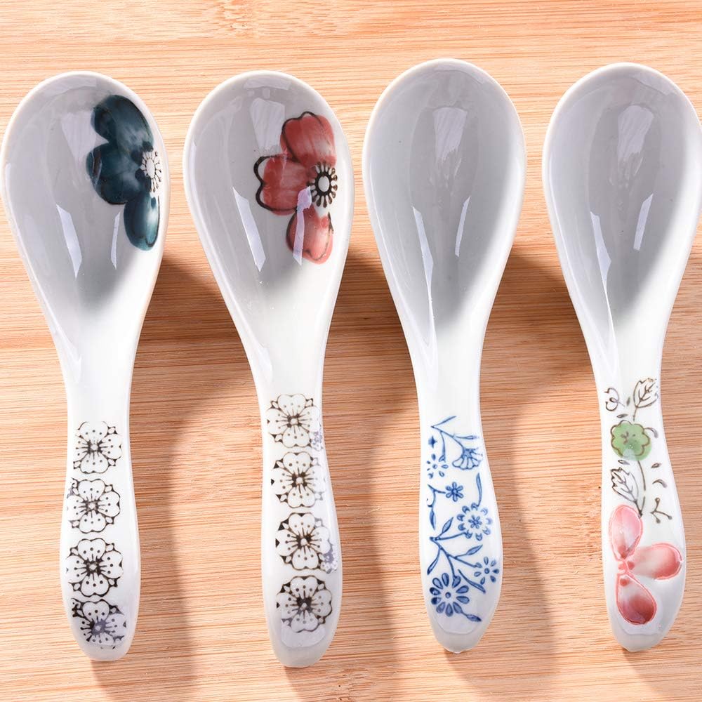 Japanese Soup Spoons Set of 4, Asian Ceramic Ramen Spoons