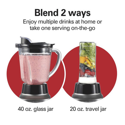 Hamilton Beach Wave Action Blender for Smoothies, Stainless Steel Ice Sabre Blades, 40oz Glass Jar, 20oz Blend-In Portable Travel Jar, 800 Watts, Quiet Design, Silver (58181)
