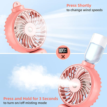 Handheld Fan Portable Misting Fan, Rechargeable Personal Mister with 5 Speeds, 3000mAh Battery, Pink