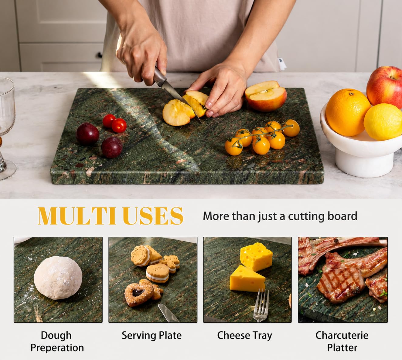 Koville Granite Cutting Board for Kitchen, 20x16 Inches Large Stone Slab Cheese Board, Rectangular Serving Board for Baking Charcuterie Pastry, Marble Cuttiing Board for Countertop(Green)