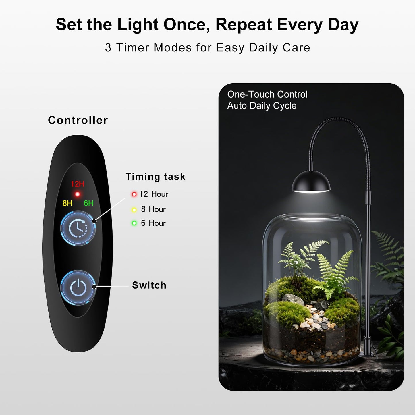 Xyingshine Glass Plant Terrarium with LED Grow Light & Adjustable Ventilation, 8.2" Desktop Terrarium for Venus Fly Trap, Moss & Succulents, Borosilicate Indoor Planter for Home Office Decor