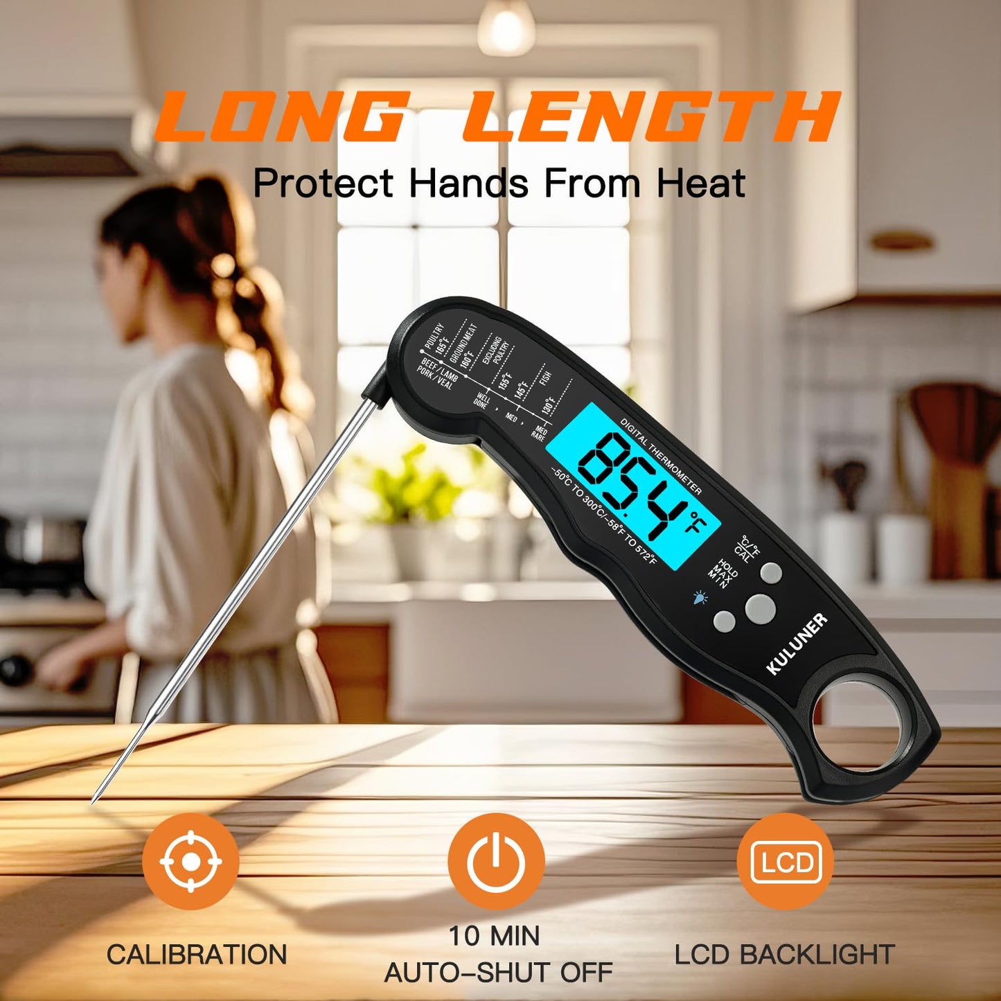 KULUNER TP-01 Waterproof Digital Instant Read Meat Thermometer with 4.6 Folding Probe Backlight Calibration Function for Cooking Food Candy, BBQ Grill, Liquids,Beef(Black)