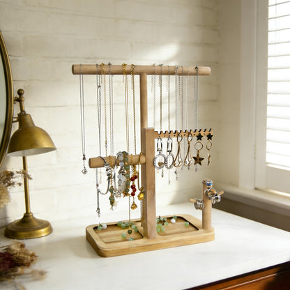 NUEKOELY Solid Wood Jewelry Tower Organizer - 3-Tier Tree Holder Stand with 11 Earring Holes, 2 T-bar for bracelets Necklace or watches, Ring Tree & Display Tray (natural wood)