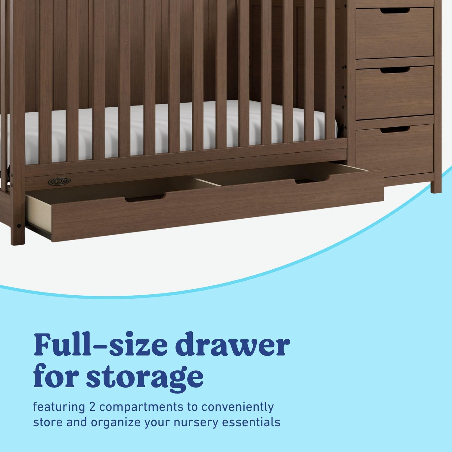 Graco Hadley 5-in-1 Convertible Crib & Changer – GREENGUARD Gold Certified, Fits Standard Crib Mattress, Converts to Toddler Bed and Full Bed, 4 Adjustable Mattress Heights (Hazelnut)