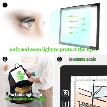 Rechargeable A4 Light Pad - Stepless Dimmable 6 Levels Brightness Tracing Light Box, Diamond Painting Light Board with Top Clip, Battery Powered Portable Light Pad for Weeding Vinyl Tracing