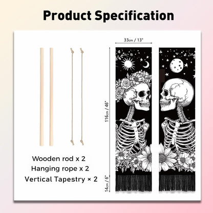 PLIGREAT 2 Pack Skull Long Tapestry Aesthetic Black and White Skeleton Wall Hanging with Tassels Sun Moon Tapestry for Bedroom Bathroom Living Room Long Narrow Wall Hanging Home Art Decor