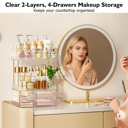 SNSLXH 4 Drawers Makeup Organizer - 4 Tier Makeup Storage, Cosmetics Organiser, Ideal for Cosmetic, with Drawers for Countertop, Bathroom, Office Supplies, Dresser Transparent Clear