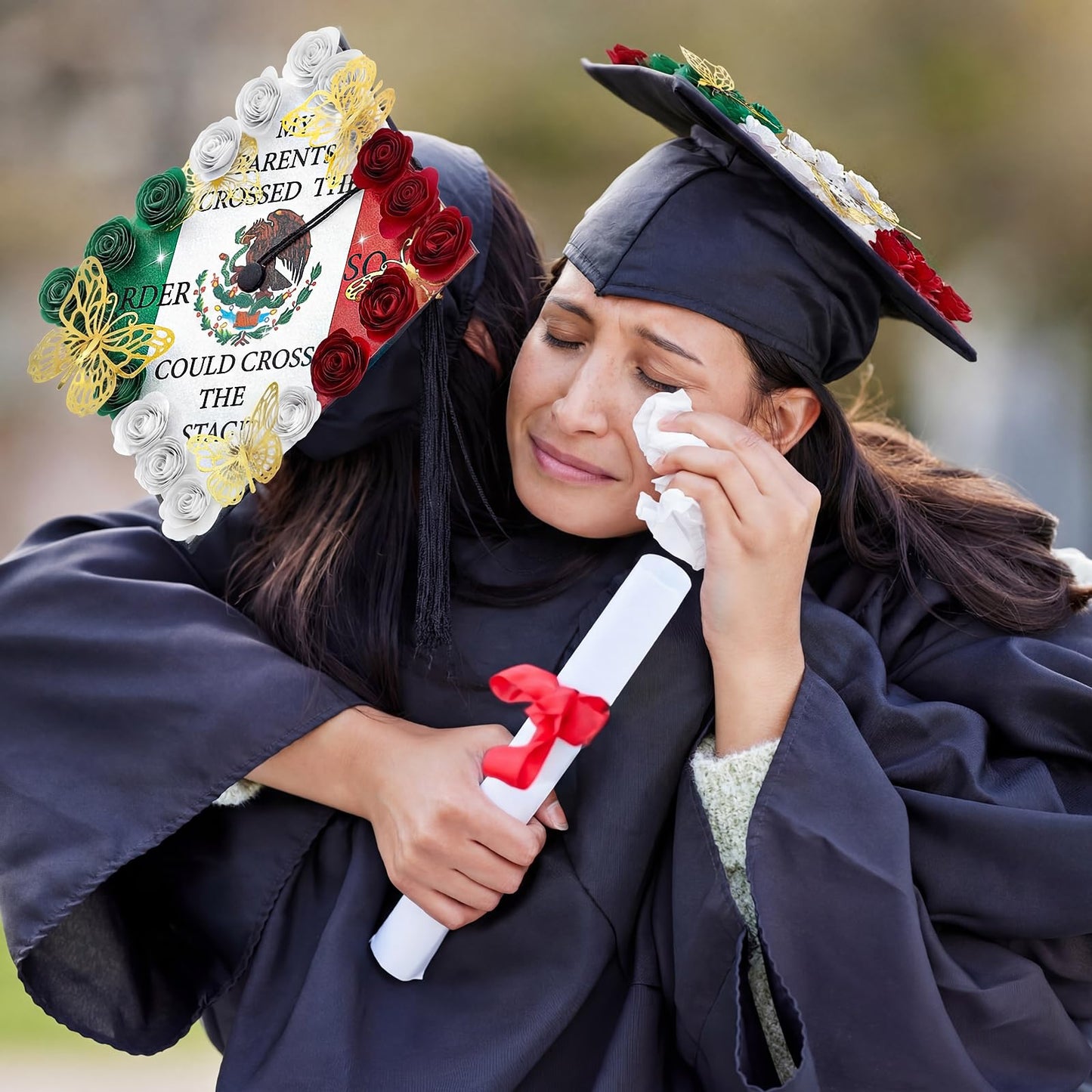 Dunzoom 37 Pcs Mexican Flag Graduation Cap Decorations Kit, Glitter Mexican Flag Grad Cap Topper with Paper Flowers 3D Butterflies for Grad Hat Topper Cover Craft Gift Decor(Style A)
