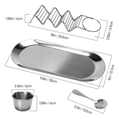 Fernlandia Taco Holders Set of 2 - Stainless Steel Taco Stand Rack with Tray, Sauce Cups & Spoon, for Party, Dishwasher Safety