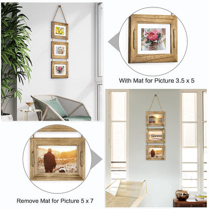 DLQuarts 5x7 Hanging Picture Frames Collage Wall Decor, 3-Opening Photo Frames 5x7 without Mat & 3.5x5 with Mat, Rustic Wood, Carbonized Black