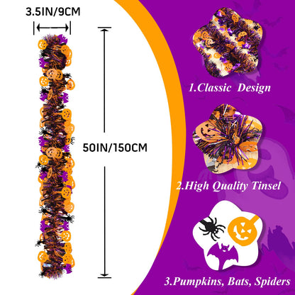 Halloween Garland Decorations,50Ft Glitter Tinsel Pumpkin Bats Spider Garland Decor for Tree Car Golf Cart Parade Float Indoor Outdoor Holiday Home Burnt Orange Black Purple (Purple)