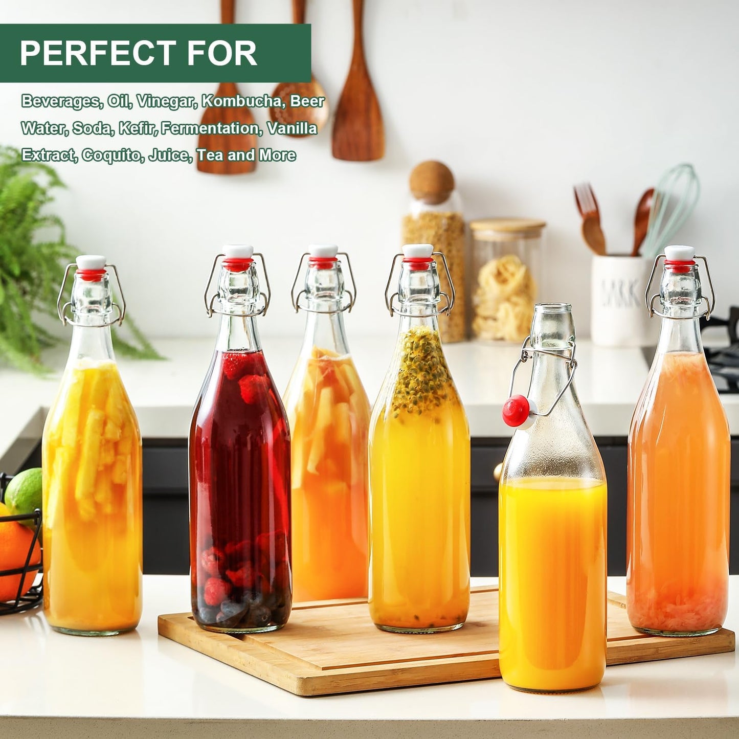 8 Pack [1 L / 33 fl. oz.] Swing Top Glass Bottles w/Airtight Stopper Lids – Flip Top Brewing Bottle for Fermentation, Kombucha, Mead, Vinegar, Beer, Kefir, Wine, Soda – With 8 Extra Seals & 2 Pourers