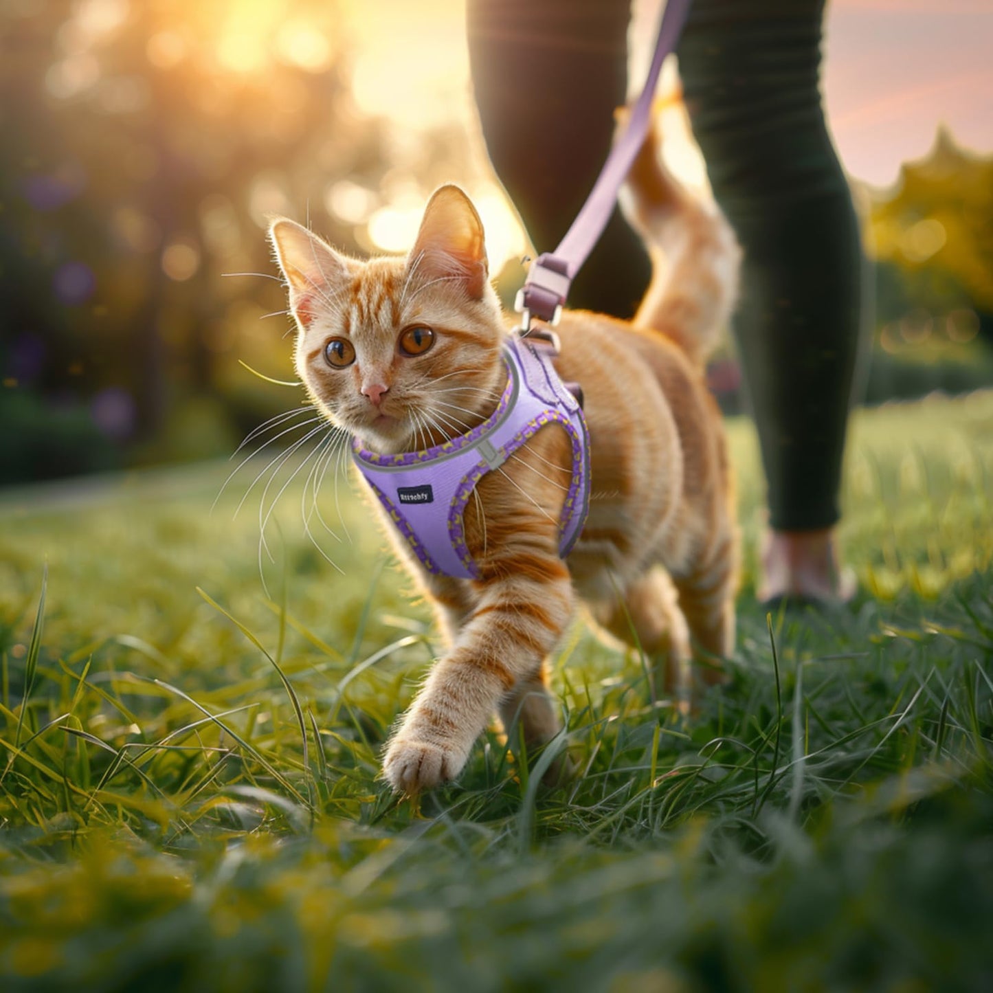 Rttochfy Cat Harness and Leash Set, Escape Proof Kitten Harness, Soft and Breathable Vest with Reflective Strip, Easy to Wear for Cats Walking and Traveling (Purple, S)