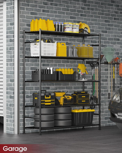 Storage Shelves - 5 Tier Shelf Organizer, Heavy Duty Garage Shelving Unit with Leveling Feet, Stable Metal Shelves Organizer for Pantry, Kitchen and Closet, 33.0" W x 12.6" D x 72.0" H, Black