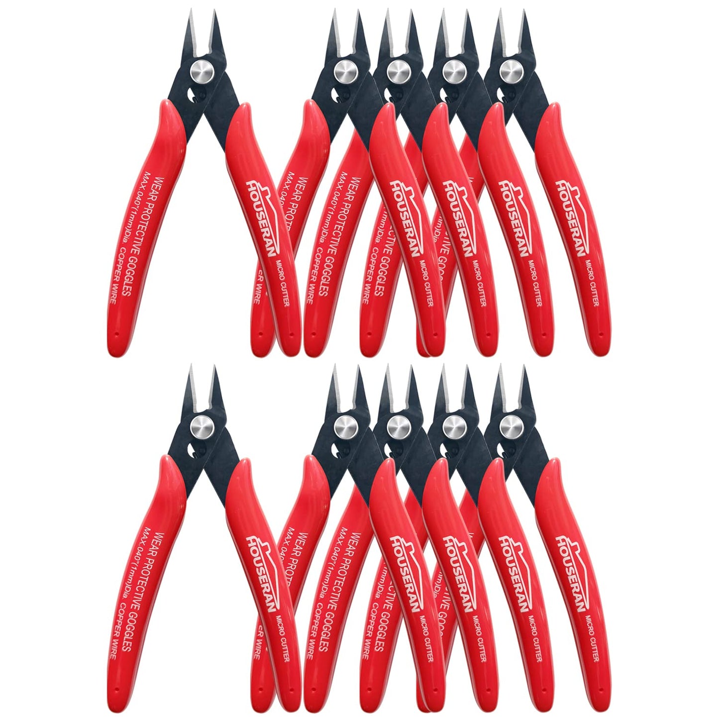 HOUSERAN 170 Wire Cutters, 10 PACK, 5 Inch Micro Flush Cutter, Small Wire Cutters Spring Loaded Cutting Pliers, Side Cutters, Diagoanl Cutters for Jewelry Making, Models, Zip Ties Plastic Wire Snips