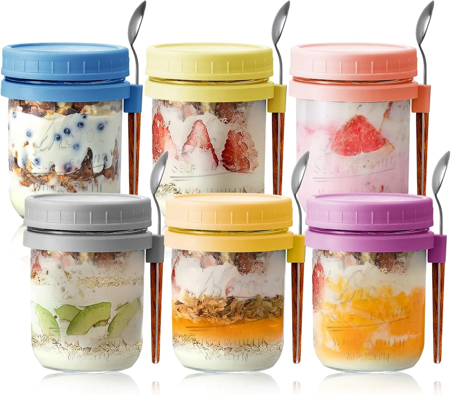 AsstarJTK 6 Pack 16 Oz Overnight Oats Containers with Lids and Spoons - Glass Mason Jars for Overnight Oats Airtight
