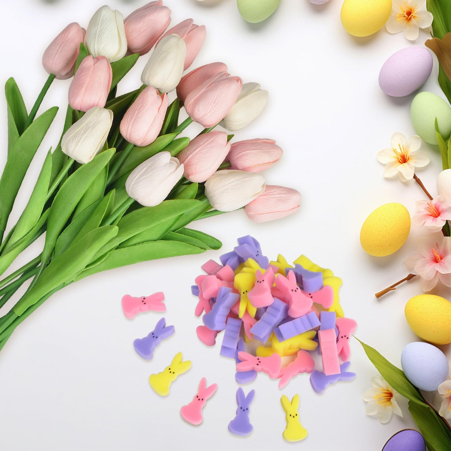 letesult Easter Bunny Vase Filler Decorations, 16 PCS Tulips Artificial Flowers & 45 PCS Bunnies Vase Filler Kit, Easter Spring Rabbit Flowers Vase Filler for Table Centerpiece Spring Home Decoration