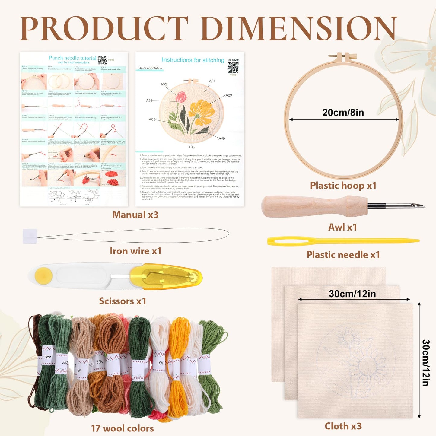 HANLANXUE Punch Needle Kit Adults Beginners, 3 Pcs DIY Easy Flower Embroidery Set for Starter Art Craft, Needling Punching Project with Patterns, Tools, Yarns, Hoop, Instruction
