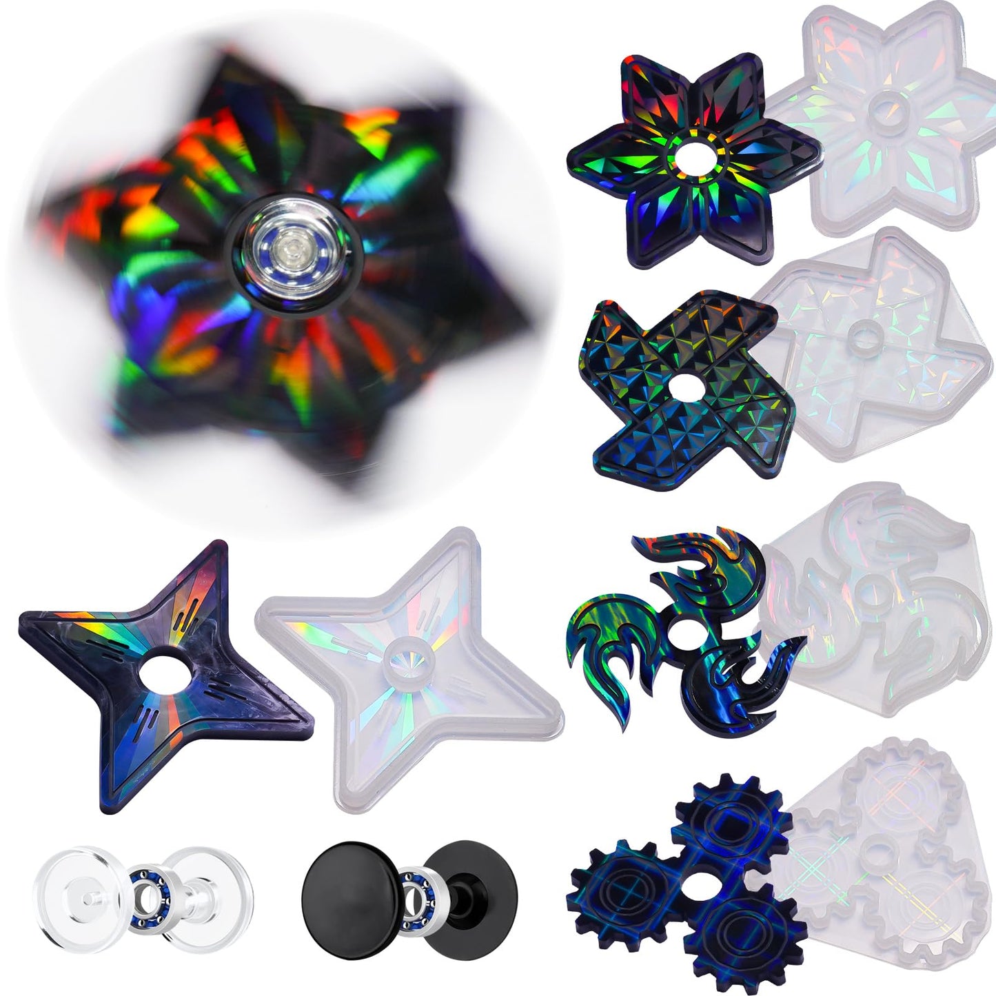 NiArt DIY Epoxy Resin Fidget Spinner Molds Set – 5 Holographic Silicone Casting Molds with Rainbow Texture, 15 Bearings, 15 Pairs Plastic Caps & Organizer Box for Handmade Finger Toys & Craft Projects