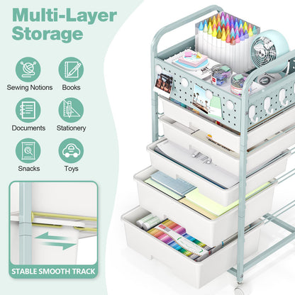 5 Drawer Rolling Storage Cart with Pegboard Top and Hooks, Mobile Utility Organizer with Wheels for Office Supplies, Craft Storage, Classroom Organization, Home Storage Cart, Green