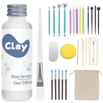 1DFAUL 29PCS Air Dry Clay Glaze with Sculpting Tools Kit, Clay Varnish Sealant for High Luster, Scratch Resistant, Waterproof, Pottery Tool kit for Sculpting, Modeling, Shaping (Gloss)