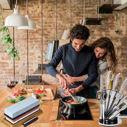 Wucgea Knife Sharpening Stone Kit - 400/1000 3000/8000 Grit Japanese Whetstone Set with Non-Slip Rubber Base, Angle Guide, Flattening Stone and Leather Strop